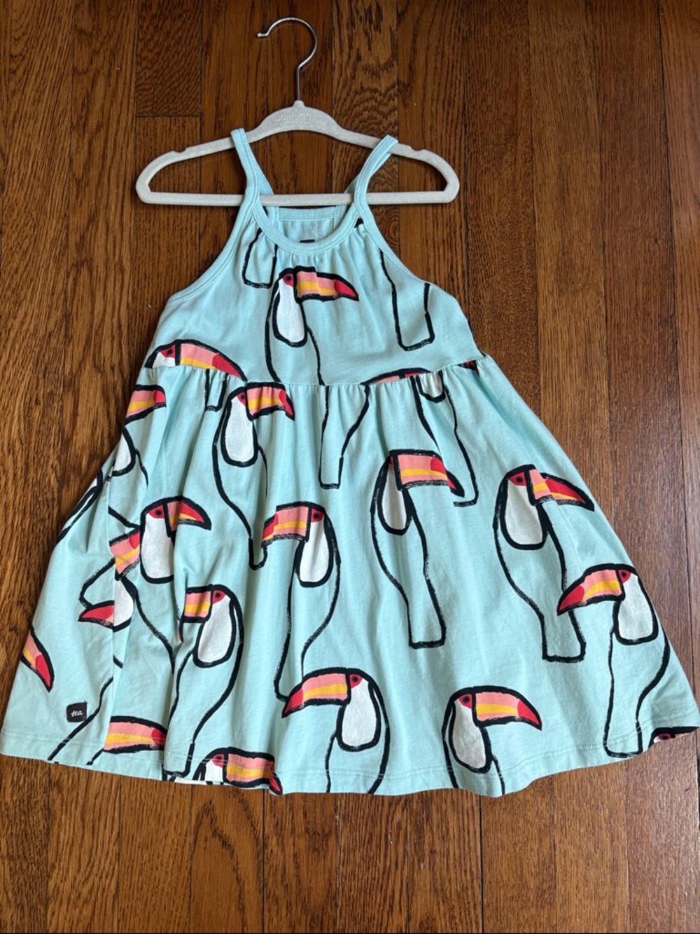 Tea Collection Mint Toucan Print Cotton Dress with Pink and Yellow Accents